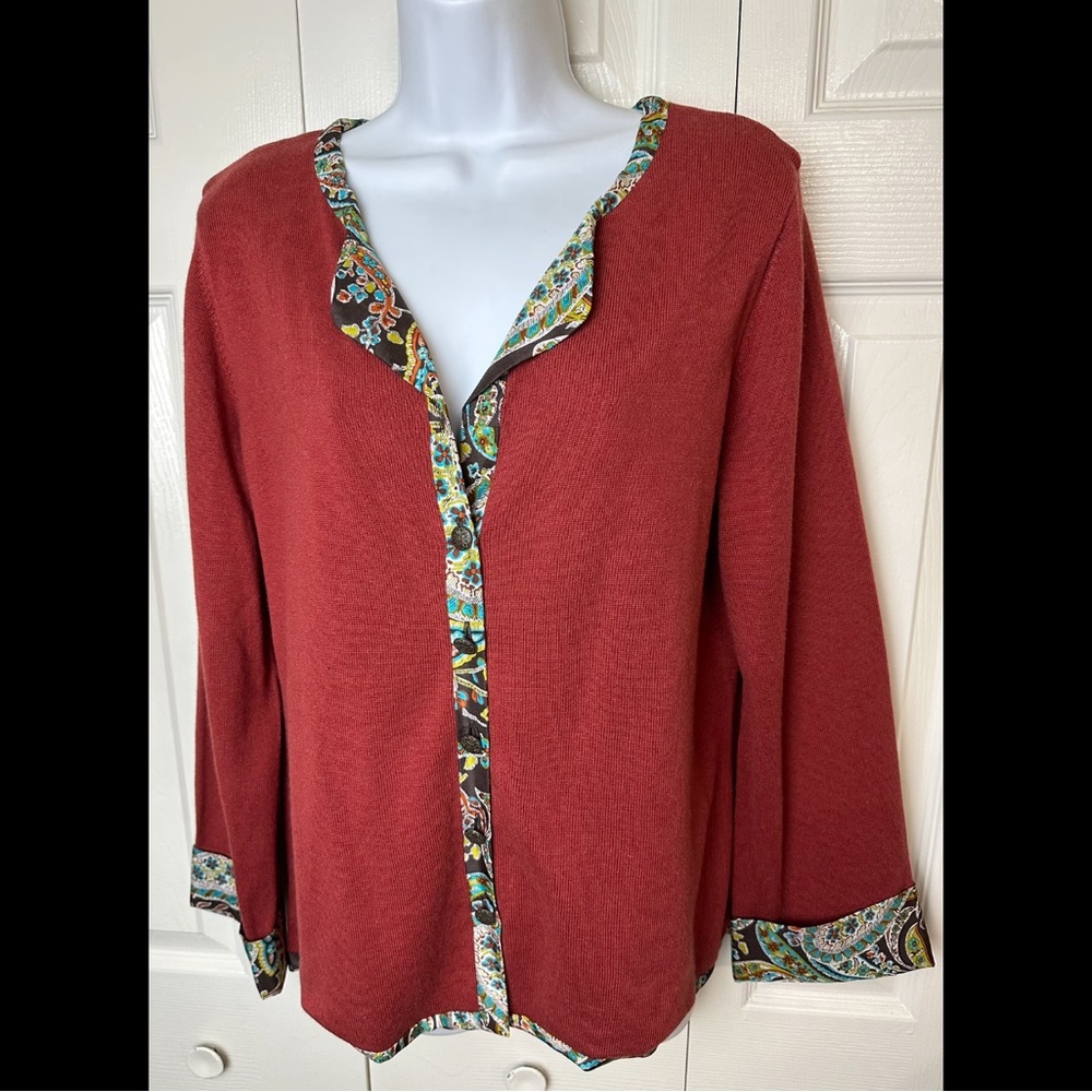 SOFT SURROUNDINGS Cashmere Silk Cardigan Sweater Burnt Orange Paisley Lined Trim - Picture 8 of 8